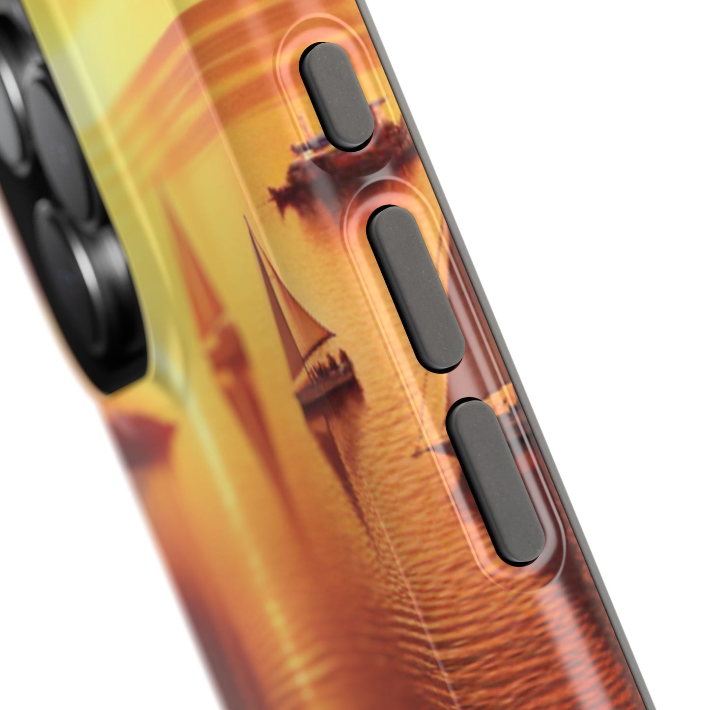 Magnetic Iphone 13-16 Pro and Max 1111 "Golden Sands: Tropical Dusk Serenade" - Tough Phone Case with Tropical Beach Sunset Dolphins ande Sailboats HD Art