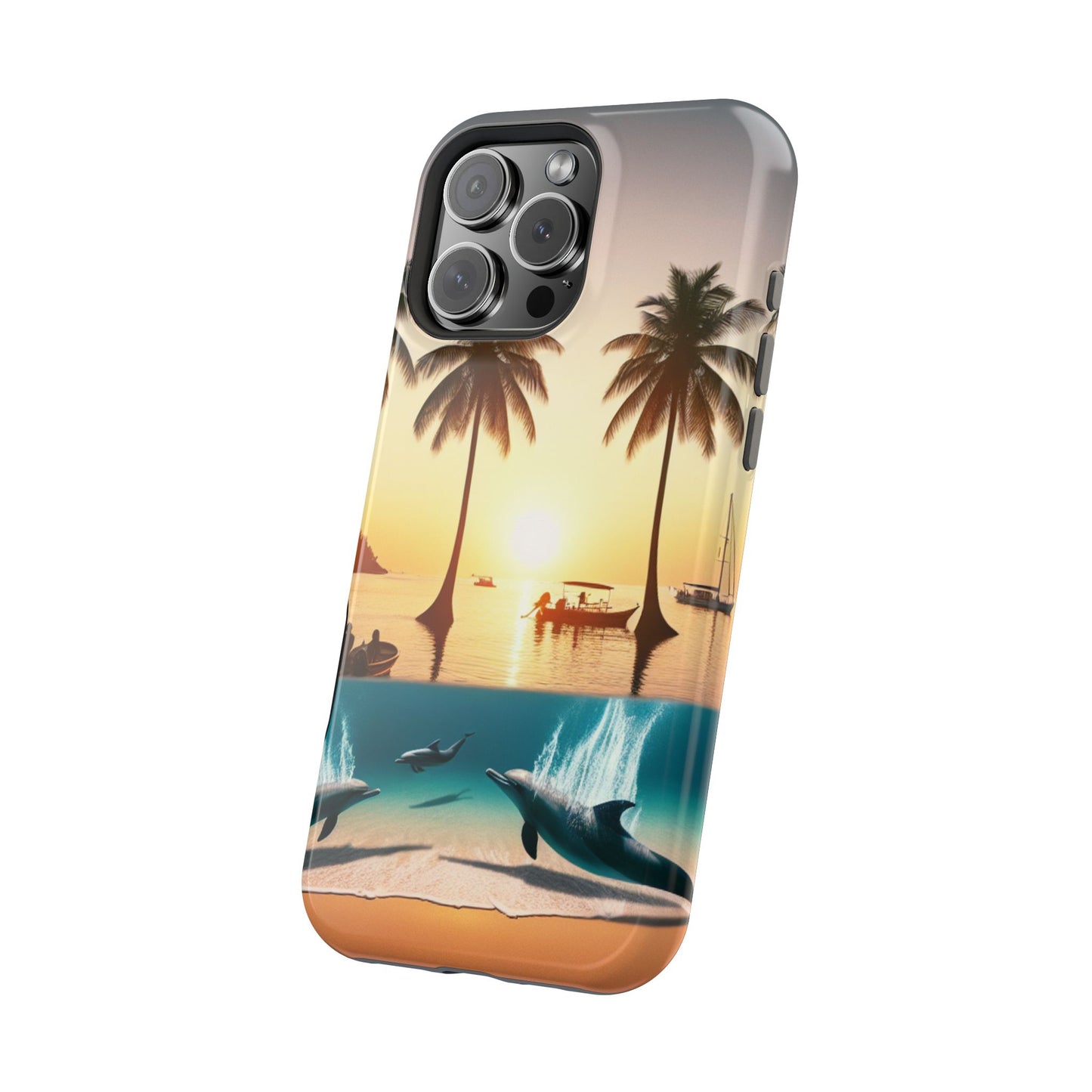 Magnetic Iphone 13-16 Pro and Max 1111 "Sunset Serenity: A Tropical Tapestry" - Tough Phone Case with Tropical Beach Sunset Dolphins ande Sailboats HD Art