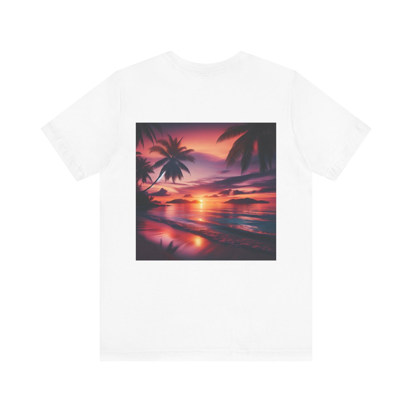 "Paradise Dusk: A Symphonic Blend of Sun, Sand & Serenity" - Tropical Beach Sunset with Palm Trees Unisex Jersey Tee