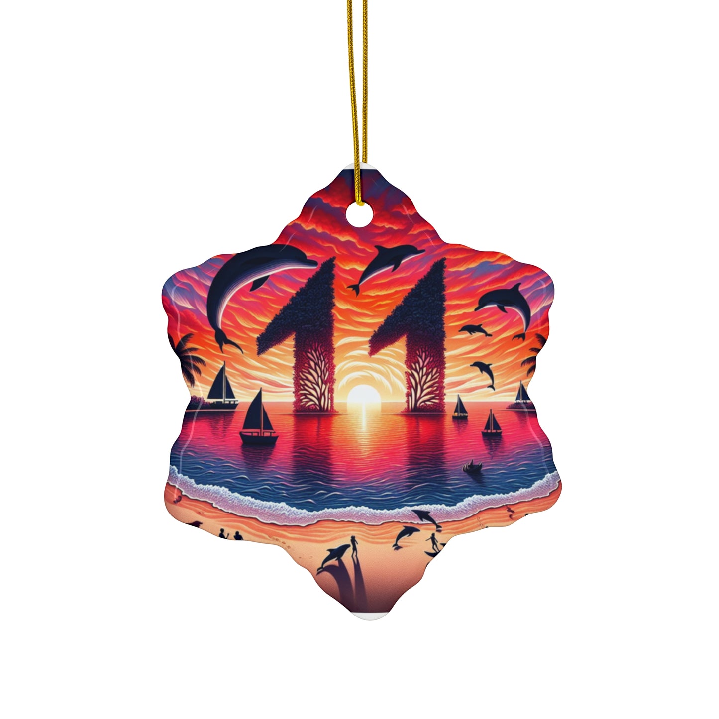 Ceramic Ornament Star, Heart, Snowflake or Circle 1111 "Paradise Sundown: A Tropical Canopy Illumination" - Tropical Beach Sunset with Palm Trees, Dolphins, and Sailboats