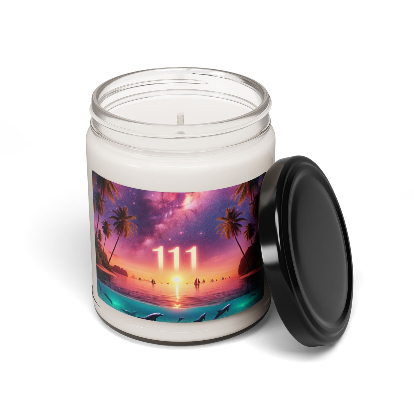 Scented Candle 9 Flavors "Paradise Twilight: A Dolphin Serenade" - 1111 Tropical Beach Sunset with Palm Trees, Dolphins, and Sailboats Art