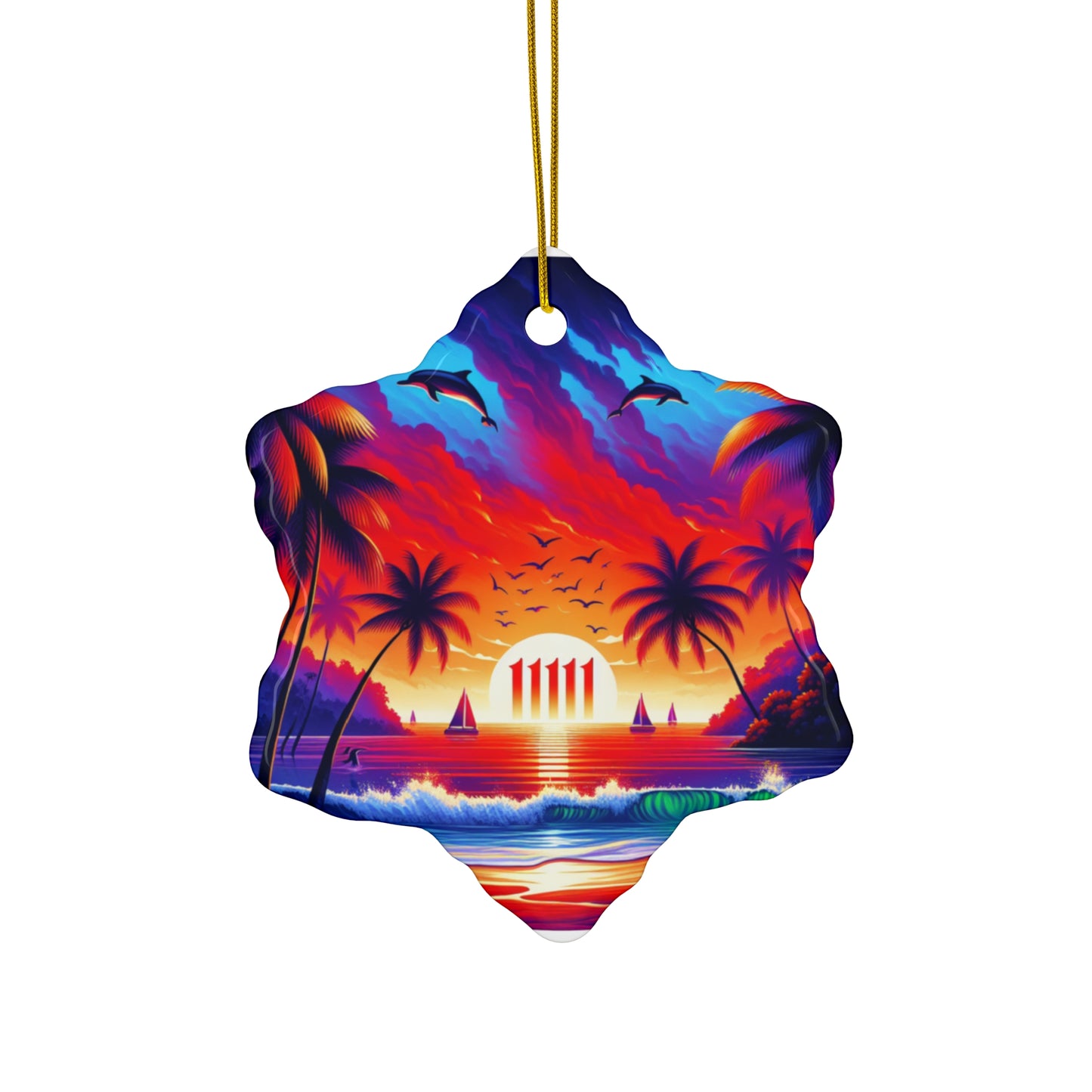 Ceramic Ornament Star, Heart, Snowflake or Circle 1111 "Sunset Serenity: A Tropical Oasis" - Tropical Beach Sunset with Palm Trees, Dolphins, and Sailboats