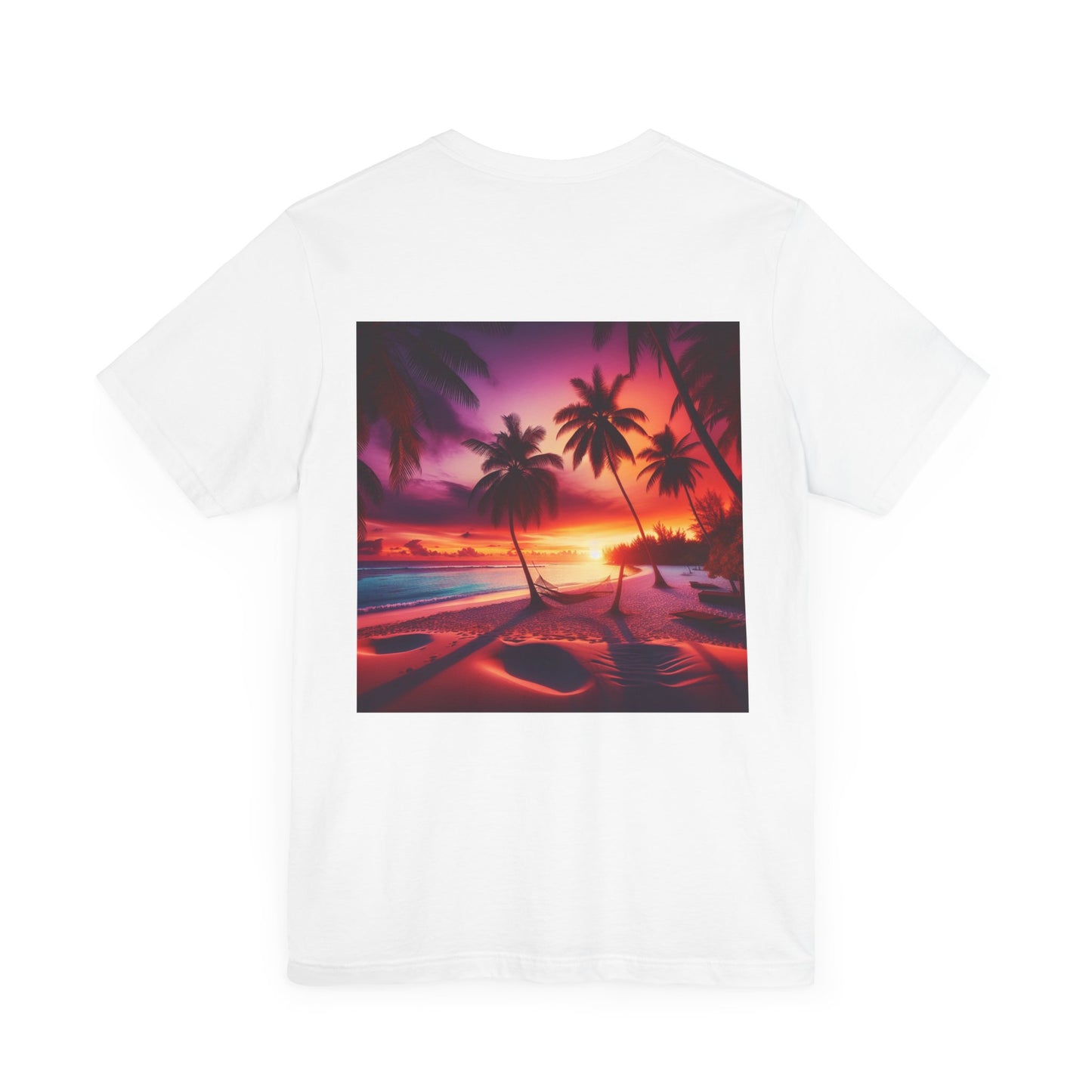 "Paradise Dusk: A Tropical Beach Sunset Symphony" - Tropical Beach Sunset with Palm Trees Unisex Jersey T-Shirt