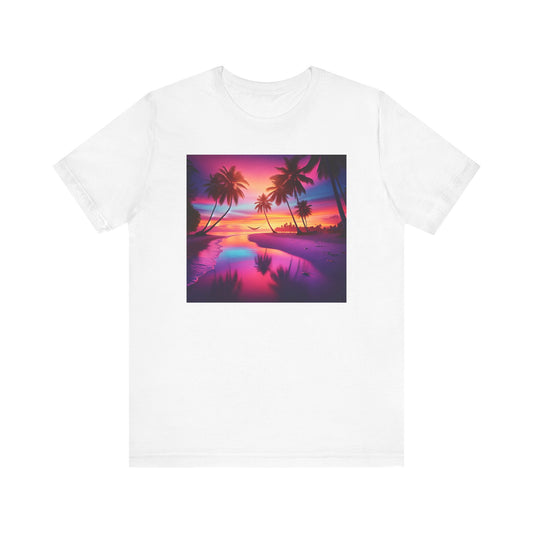 "Serenity Splash: A Tropical Twilight Masterpiece" - Tropical Beach Sunset with Palm Trees Unisex Tee