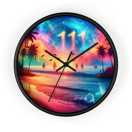 10" Wall Clock "Paradise Serenade: Dusky Ballet of Dolphins" -  1111 Tropical Beach at Sunset with Palm Trees, Dolphins, and Sailboats