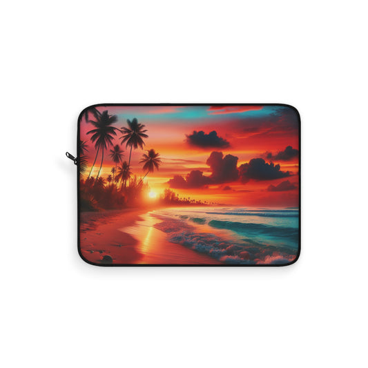 "Paradise Serenade: An Amber Sky Symphony" - Laptop Sleeve with Tropical Beach Sunset with Palm Trees Art