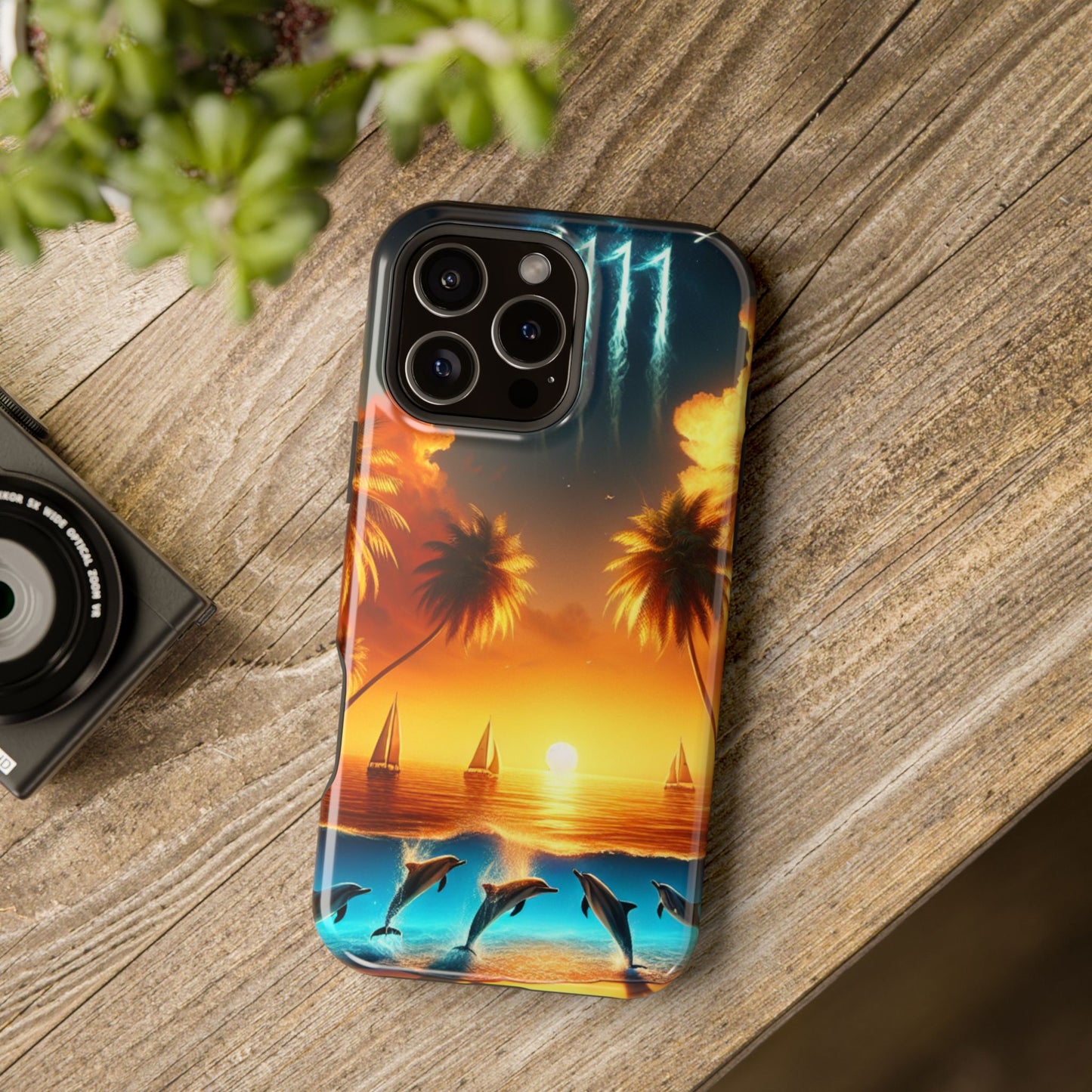 Magnetic Tough Cases - Tropical Sunset Beach Dolphins Art Phone Case, Iphone 13-16 Pro Plus, Max 1111, Paradise Unveiled. Protective,