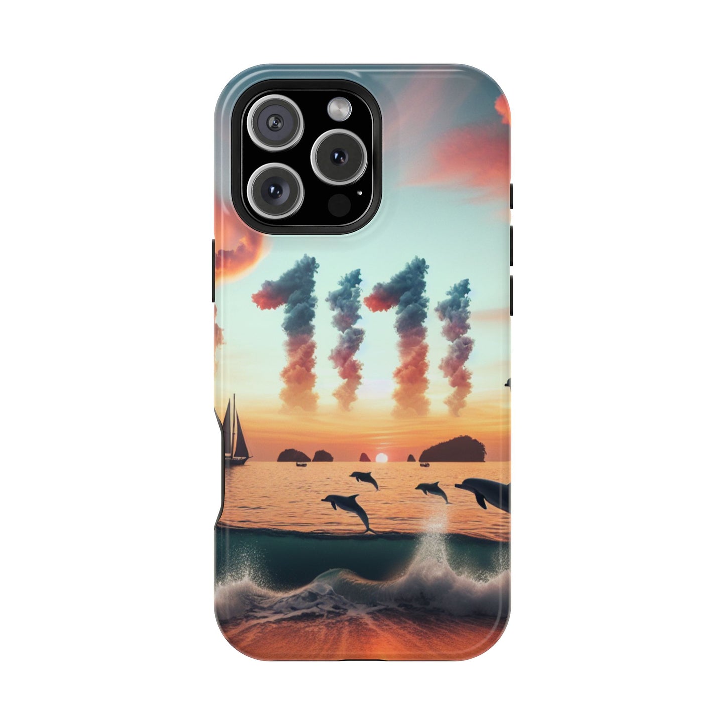 Magnetic Iphone 16 15 14 13 Pro and Max Angel number 1111 in the clouds  "Sundrenched Serenity: A Tropical Twilight Symphony" - Tough Phone Case with Tropical Beach Sunset Dolphins ande Sailboats HD Art