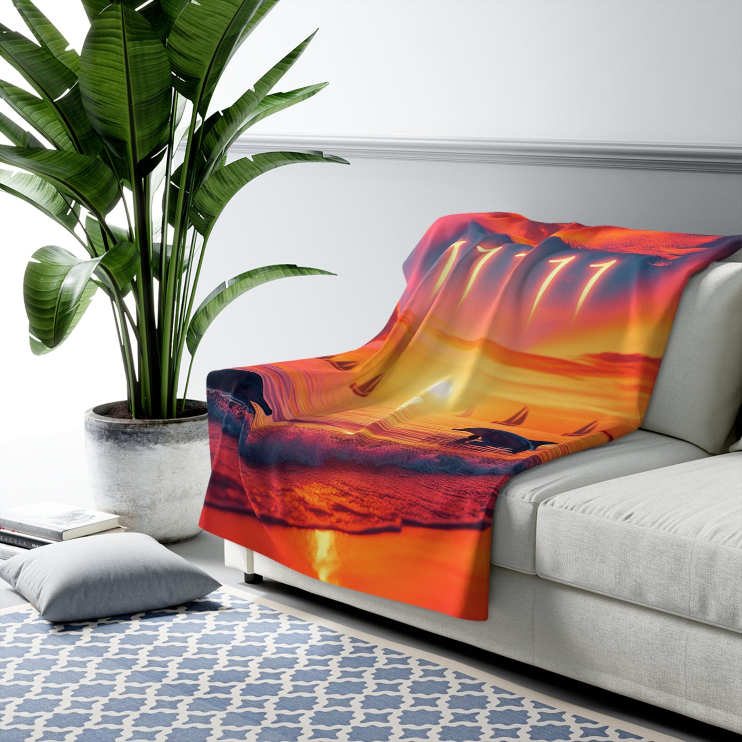 Sherpa Fleece Blanket -Angel Number 11111 Tropical Beach Sunset with Dolphins, Palm Trees, Sailboats, Spiritual Journey Gifts, Trust in