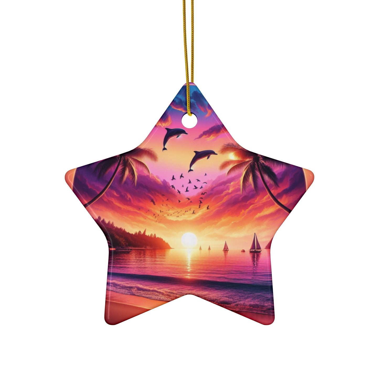 Ceramic Ornament Star, Heart, Snowflake or Circle 1111 "Island Mirage: Sunset Serenity" - Tropical Beach Sunset with Palm Trees, Dolphins, and Sailboats