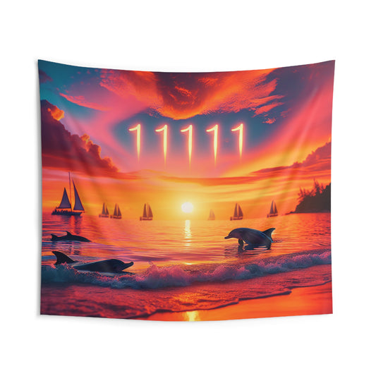 Indoor Tapestry with Tropical Beach Sunset Dolphins Sailboats Angel Number 11111, Ocean Seaside Hanging Art, Positive Mindset Reminder