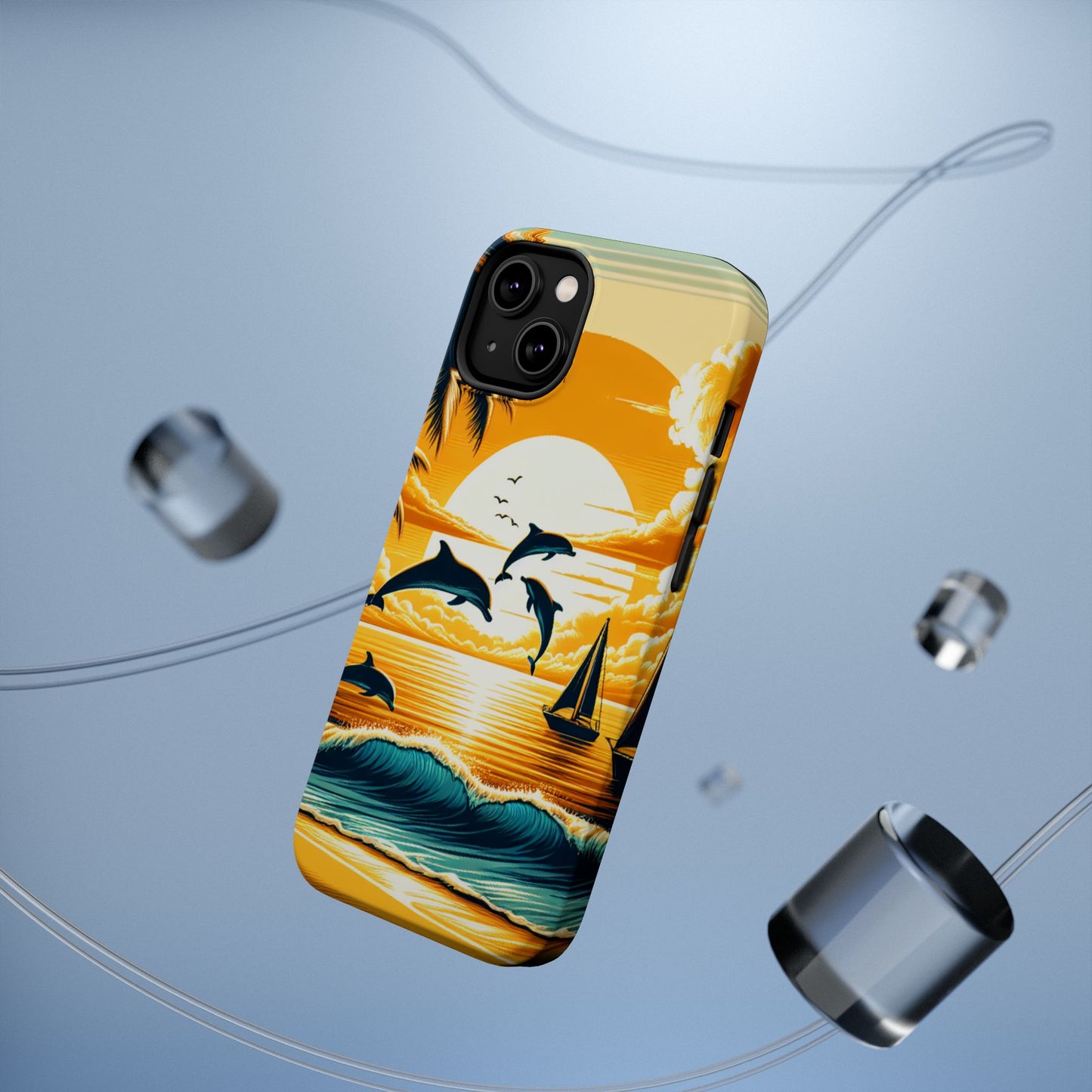 Magnetic Tough Phone case for phone 16 15 14 13 Pro Plus and Max 1111 "Sundrenched Serenity: An Enchanting Tropical Sunset" - Tough Phone Case with Tropical Beach Sunset Dolphins ande Sailboats HD Art