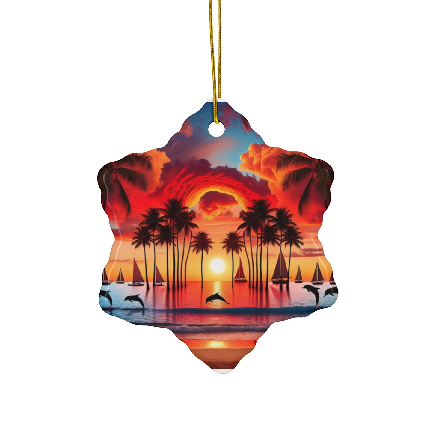 Ceramic Ornament Star, Heart, Snowflake or Circle 1111 "Paradise Serenity: Tropical Beach Sunset" - Tropical Beach Sunset with Palm Trees, Dolphins, and Sailboats