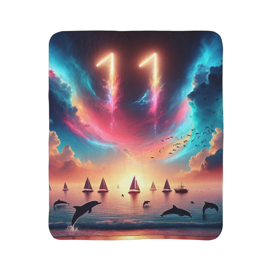 Sherpa Fleece Blanket 1111 "Serene Harmony: Tropical Twilight Symphony 1111" -  with Tropical Beach Sunset, Palm Trees, Dolphins, and Sailboats