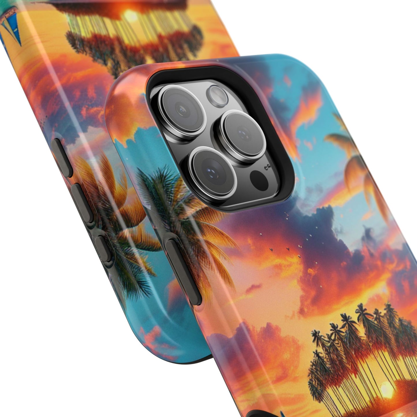 Magnetic Iphone 13-16 Pro and Max 1111 "Sundrenched Serenity: A Tropical Twilight Oasis" - Tough Phone Case with Tropical Beach Sunset Dolphins ande Sailboats HD Art