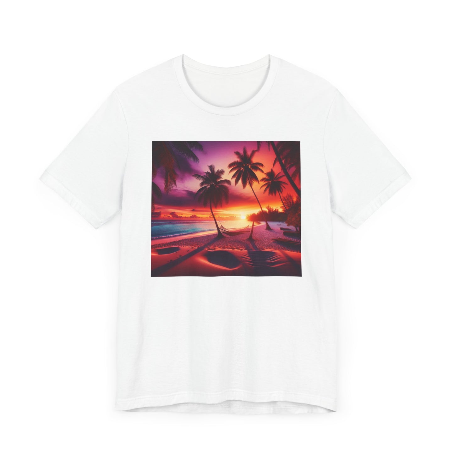 "Paradise Dusk: A Tropical Beach Sunset Symphony" - Tropical Beach Sunset with Palm Trees Unisex Jersey T-Shirt