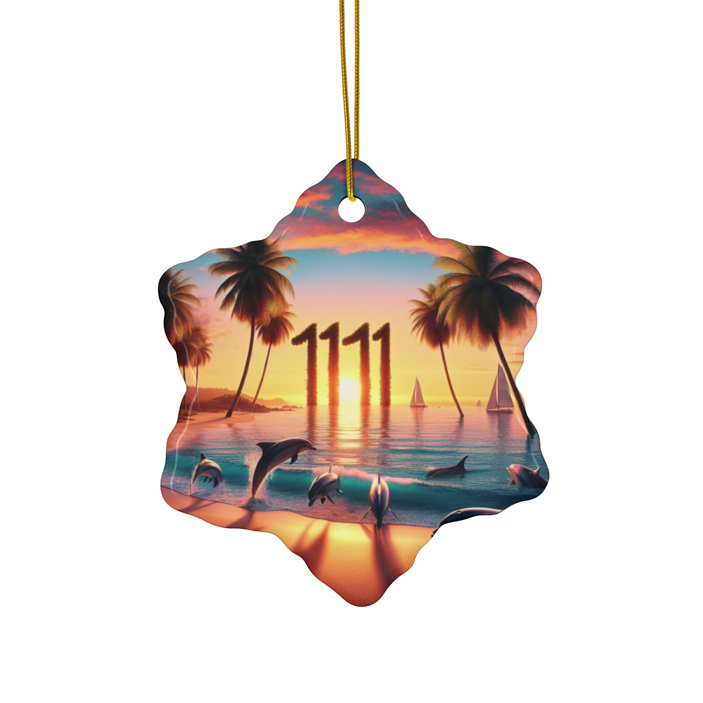 Ceramic Ornament Star, Heart, Snowflake or Circle 1111 "Serene Sundown: A Tropical Paradise Symphony" - Tropical Beach Sunset with Palm Trees, Dolphins, and Sailboats