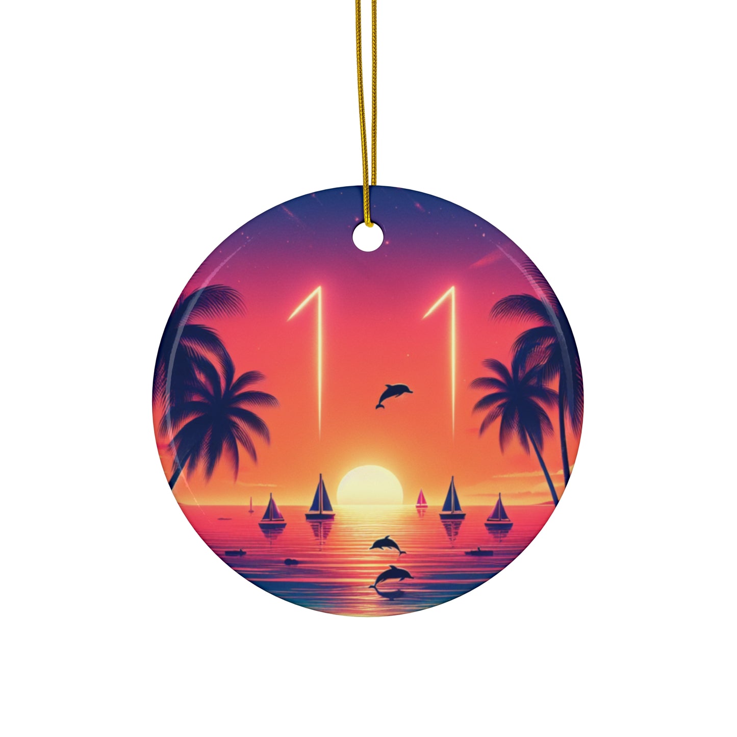 Ceramic Ornament Star, Heart, Snowflake or Circle 1111 "Paradise Dusk: A Tropical Beach Sunset Symphony" - Tropical Beach Sunset with Palm Trees, Dolphins, and Sailboats