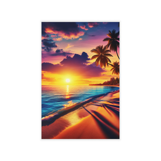 "Sunkissed Serenity: A Lush Paradise Encore" - Tropical Beach at Sunset Repositionanable Wall Art