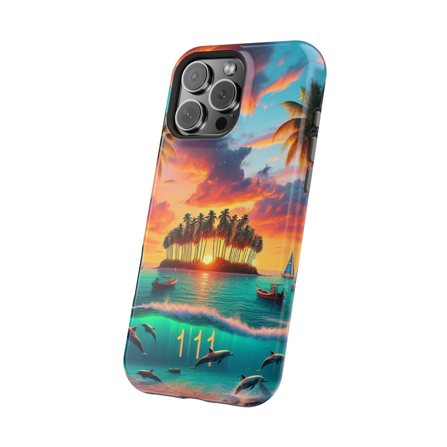 Magnetic Iphone 13-16 Pro and Max 1111 "Sundrenched Serenity: A Tropical Twilight Oasis" - Tough Phone Case with Tropical Beach Sunset Dolphins ande Sailboats HD Art