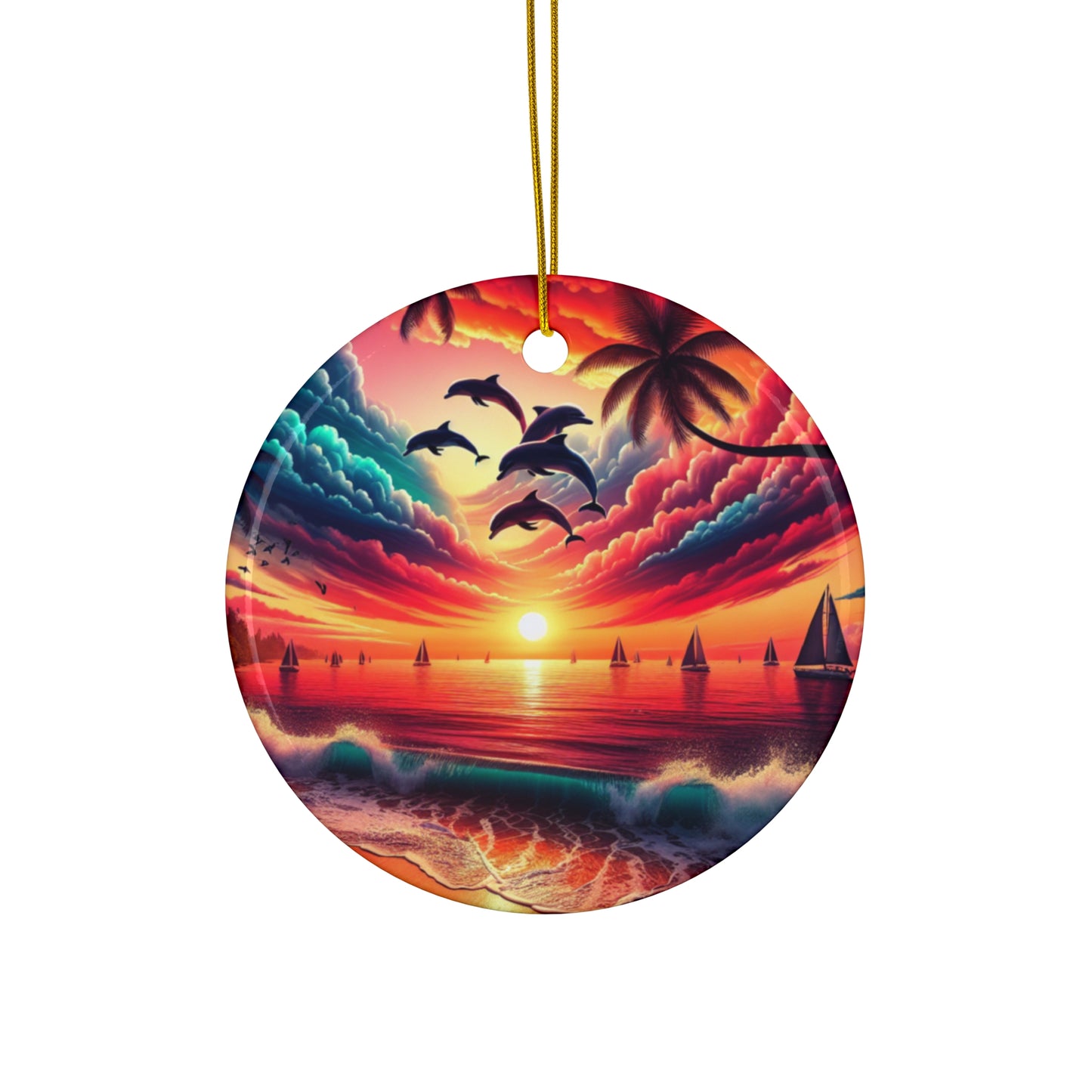 Ceramic Ornament Star, Heart, Snowflake or Circle 1111 "Paradise Dusk: A Tropical Serenade" - Tropical Beach Sunset with Palm Trees, Dolphins, and Sailboats