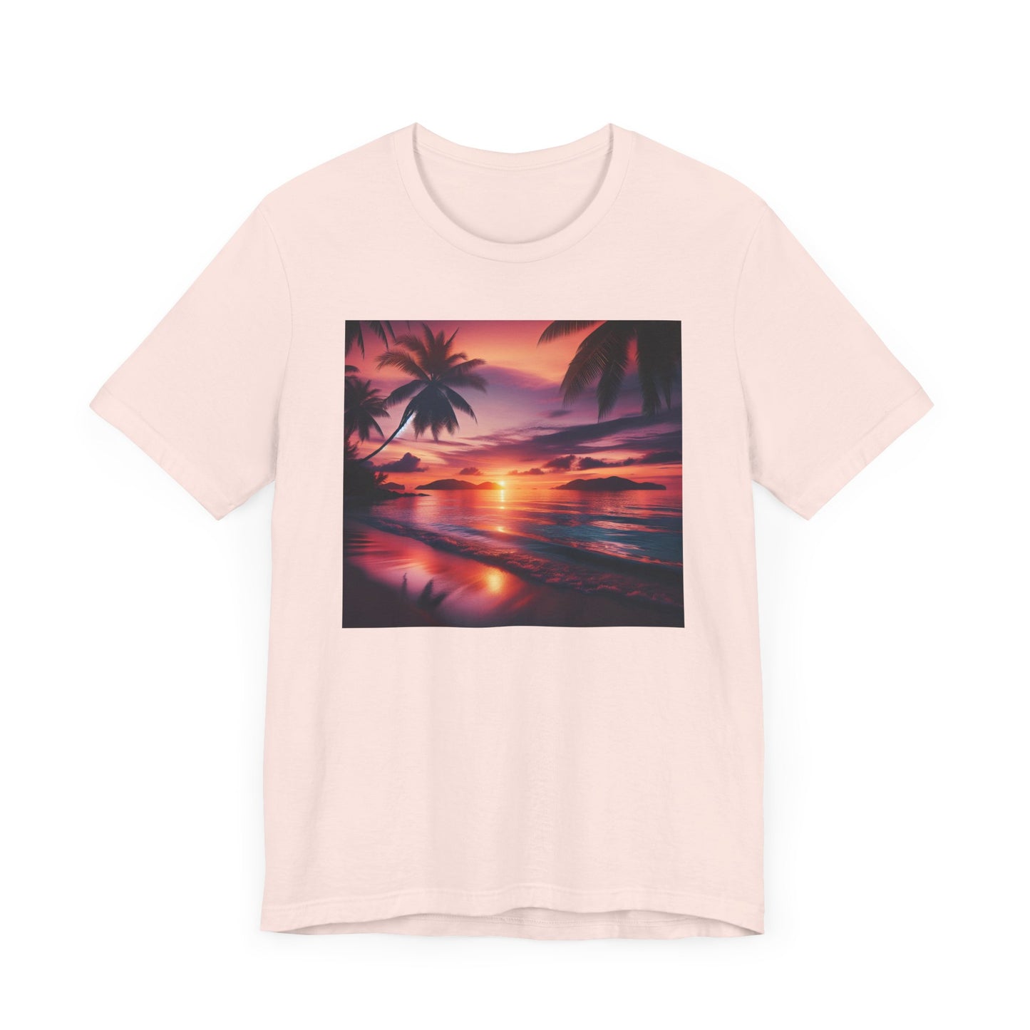 "Paradise Dusk: A Symphonic Blend of Sun, Sand & Serenity" - Tropical Beach Sunset with Palm Trees Unisex Jersey Tee