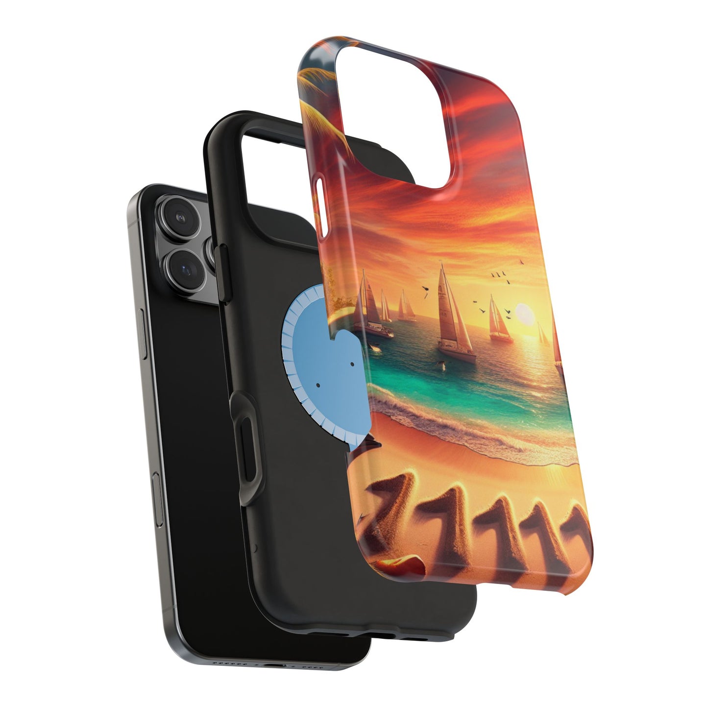 Magnetic Iphone 16 15 14 14 Pro and Max 1111 "Paradise Twilight: An Ode to Tropical Serenity" - Tough Phone Case with Tropical Beach Sunset Dolphins ande Sailboats HD Art