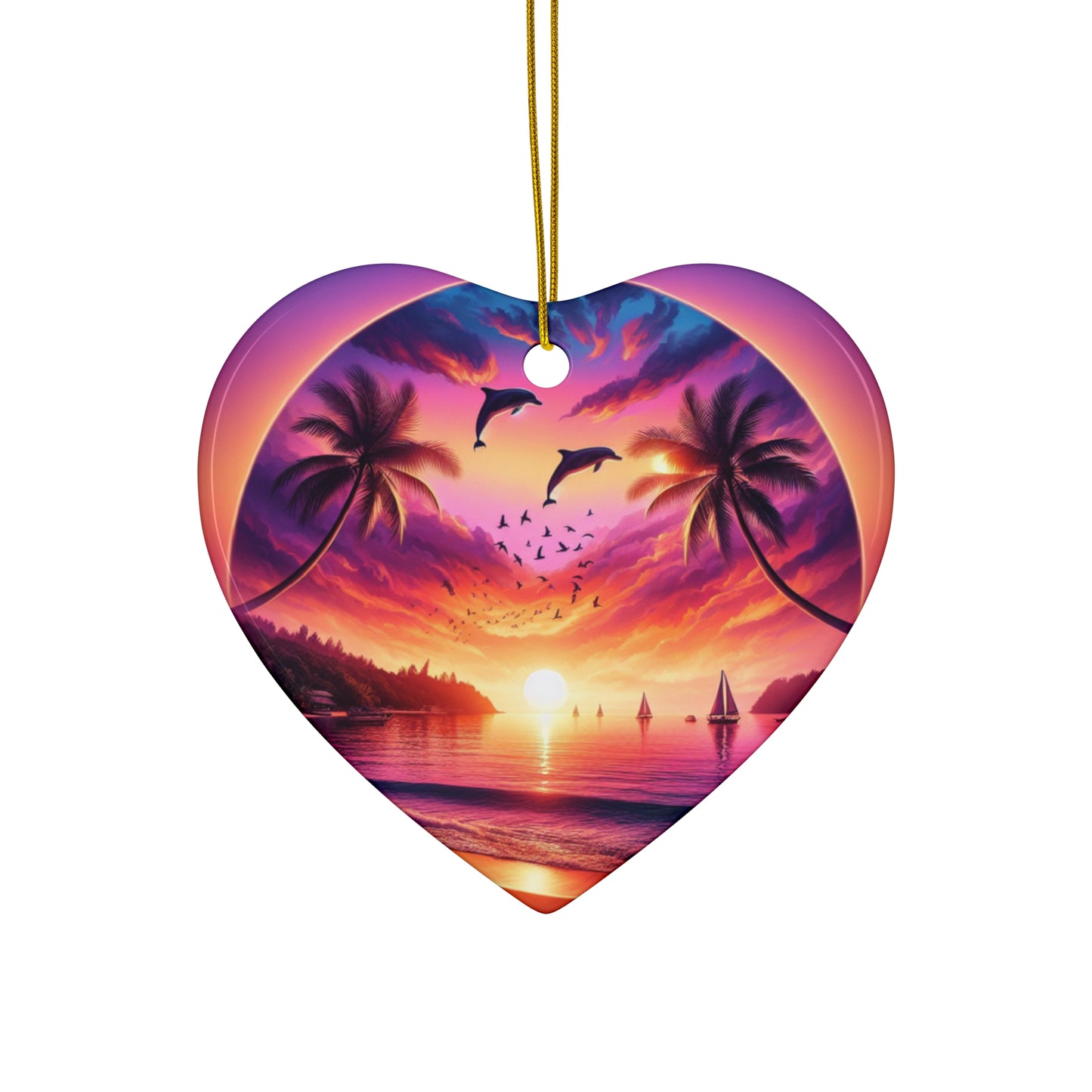 Ceramic Ornament Star, Heart, Snowflake or Circle 1111 "Island Mirage: Sunset Serenity" - Tropical Beach Sunset with Palm Trees, Dolphins, and Sailboats