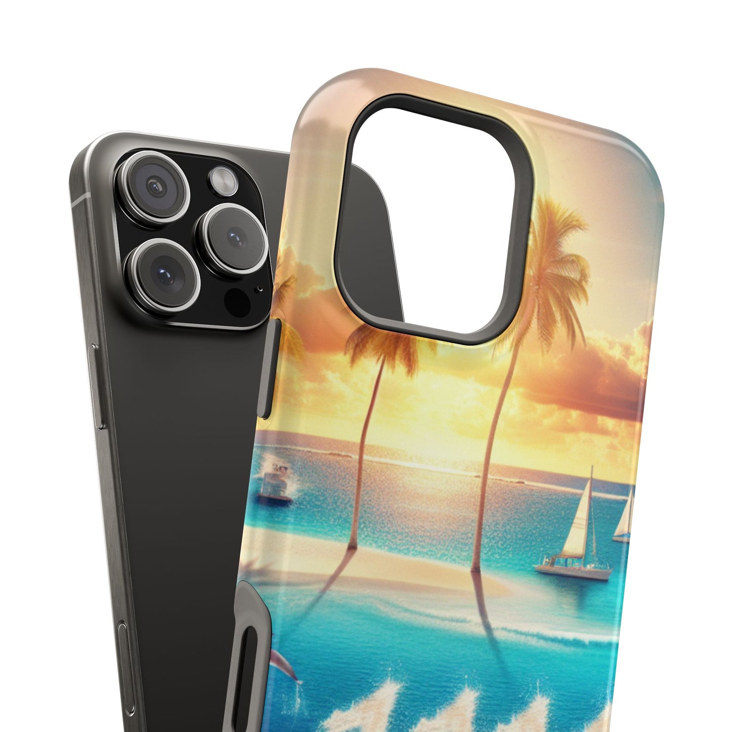 Magnetic Iphone 16 15 14 13 Pro and Max 1111 "Tropical Solitude: Sundown Serenity" - Tough Phone Case with Tropical Beach Sunset Dolphins ande Sailboats HD Art