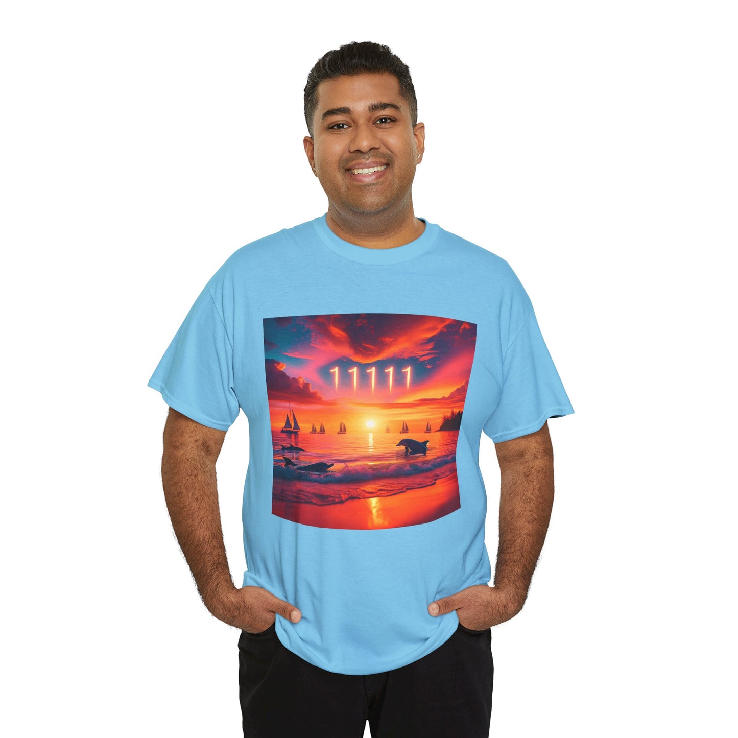 Tropical Beach Sunset Unisex Tee, Dolphins Sailboats Angel 1111 Positive Mindset Visualization Reminder, Heavy Cotton Tshirt, Vacation