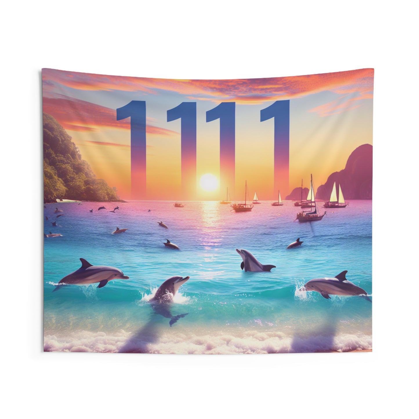 Tropical Beach Dolphin Sailboat Sunset Wall Tapestry with Angel Number 1111, Positive Mindset Reminder, Visualization Goals Gift