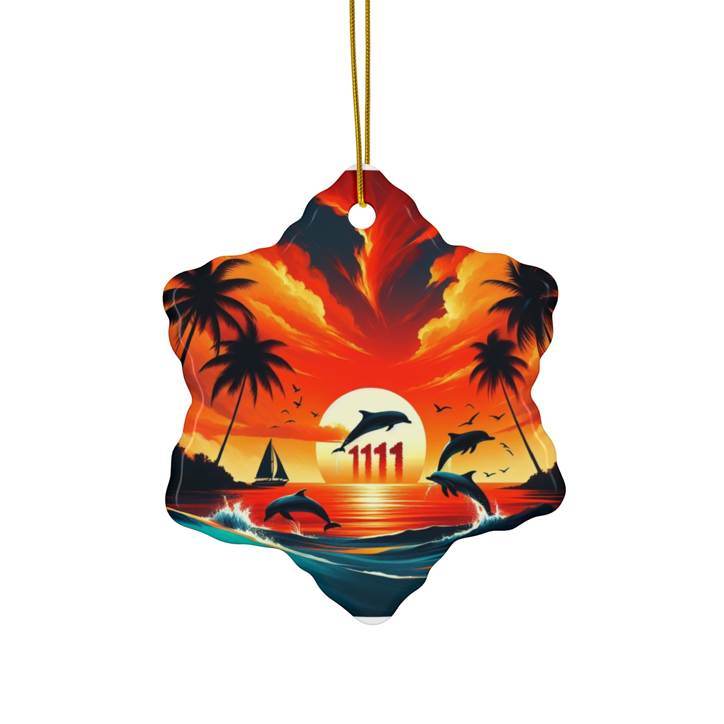 Ceramic Ornament Star, Heart, Snowflake or Circle 1111 "Serenity Sundown: The Tropical Harmony Edition" - Tropical Beach Sunset with Palm Trees, Dolphins, and Sailboats