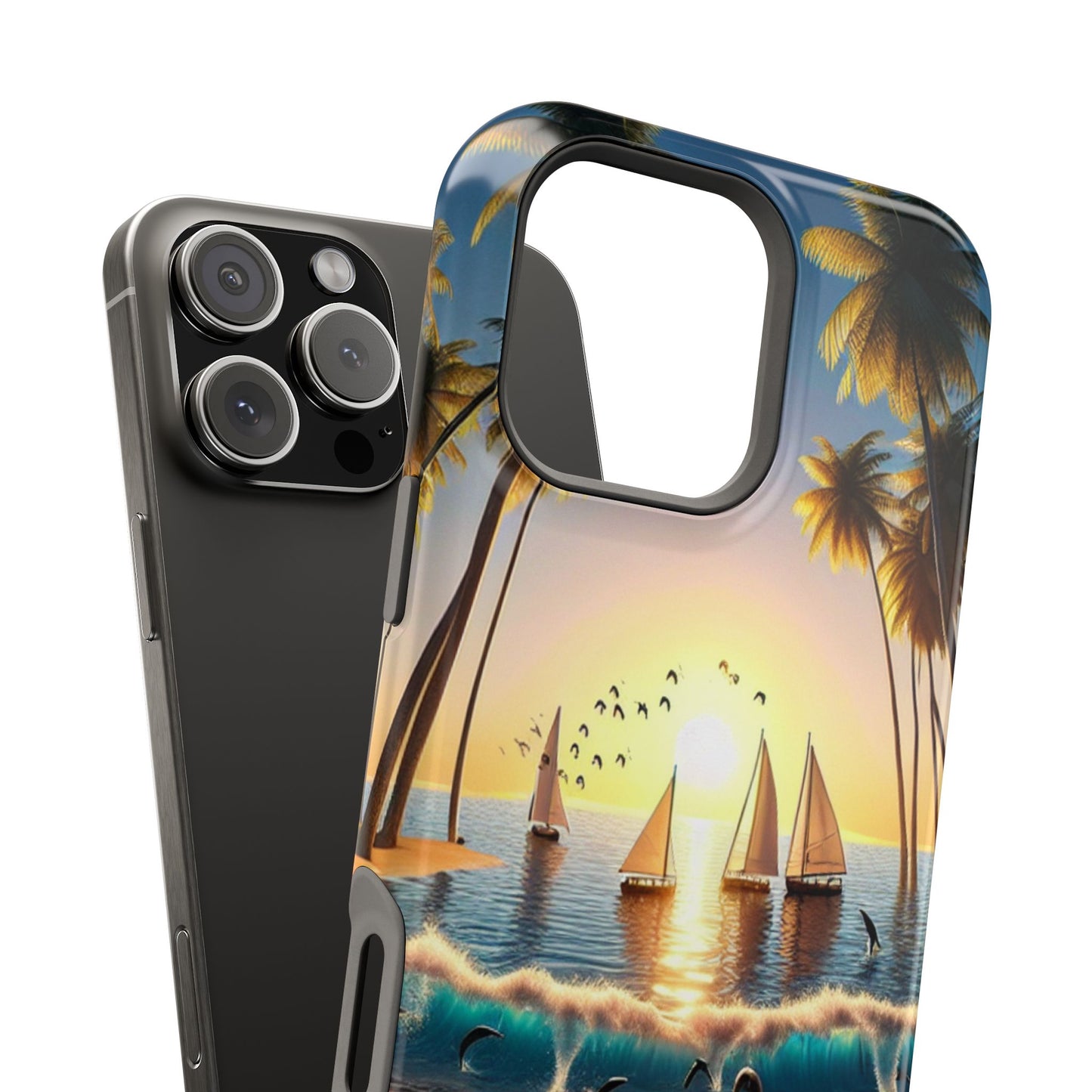 Magnetic Iphone 13-16 Pro and Max 1111 "Serene Sunset: A Tropical Paradise" - Tough Phone Case with Tropical Beach Sunset Dolphins ande Sailboats HD Art