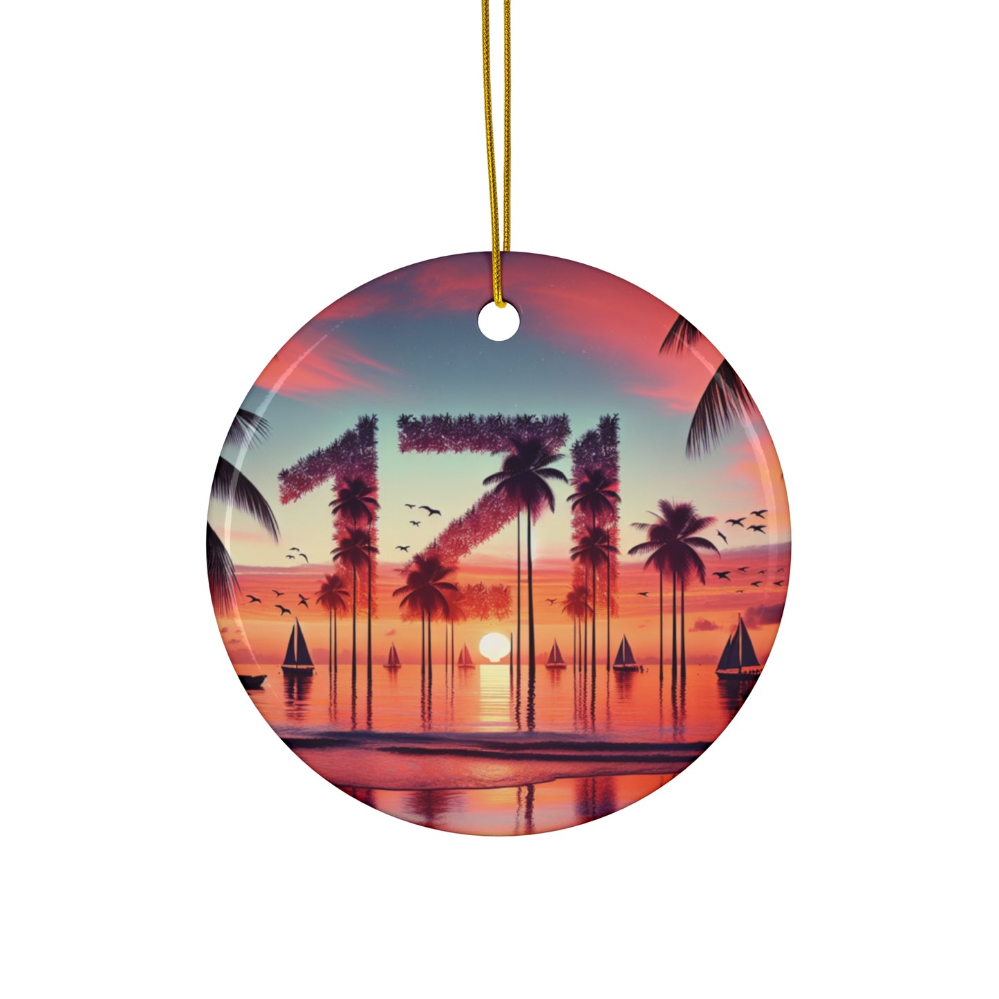 Ceramic Ornament Star, Heart, Snowflake or Circle 1111 "Paradise Dusk: Tropical Serenity" - Tropical Beach Sunset with Palm Trees, Dolphins, and Sailboats