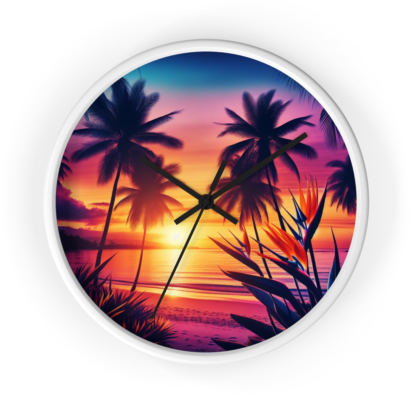 "Paradise's Lavender Twilight" - Tropical Beach at Sunset 10" Wall Art Clock