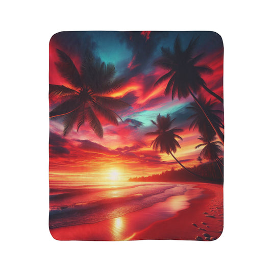 "Island Serenity: A Tropical Sunset Symphony" - Sherpa Fleece Blanket with Tropical Beach Sunset and Palm Trees