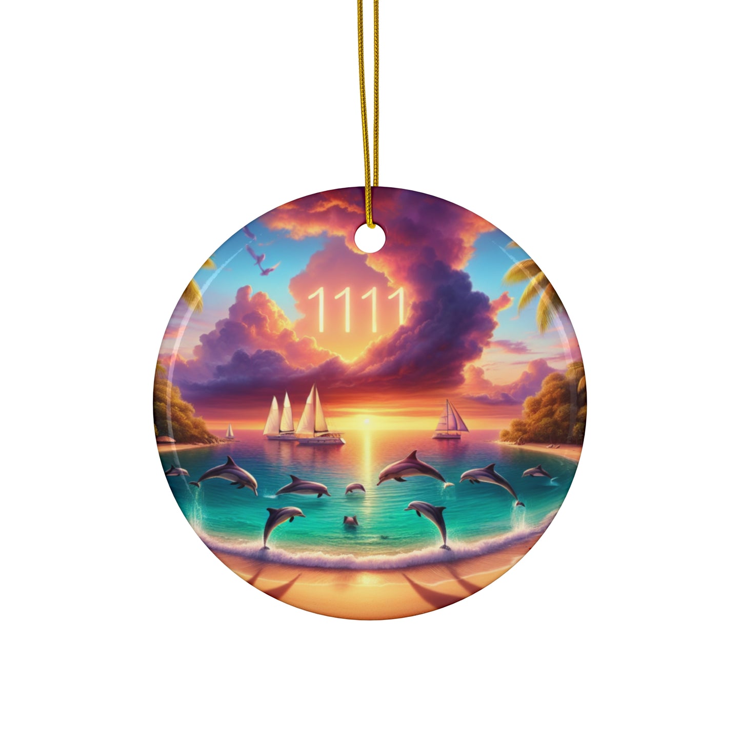 Ceramic Ornament Star, Heart, Snowflake or Circle 1111 "Serenade of the Tropics: An Ode to Sunset" - Tropical Beach Sunset with Palm Trees, Dolphins, and Sailboats