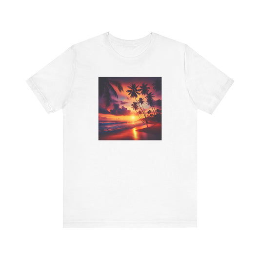 "Paradise Twilight: An Enchanted Island Dusk" - Tropical Beach Sunset with Palm Trees Unisex Tee