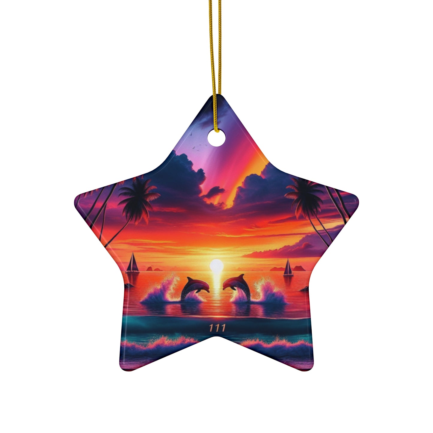 Ceramic Ornament Star, Heart, Snowflake or Circle 1111 "Paradise Bliss: An Exotic Sunset Symphony" - Tropical Beach Sunset with Palm Trees