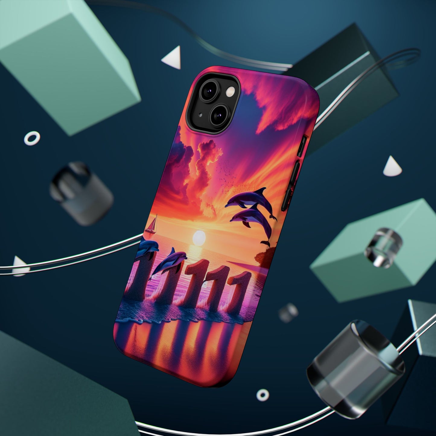 Magnetic Iphone 13-16 Pro and Max 1111 "Paradise Twilight: A Tropical Beach Sunset Symphony" - Tough Phone Case with Tropical Beach Sunset Dolphins ande Sailboats HD Art