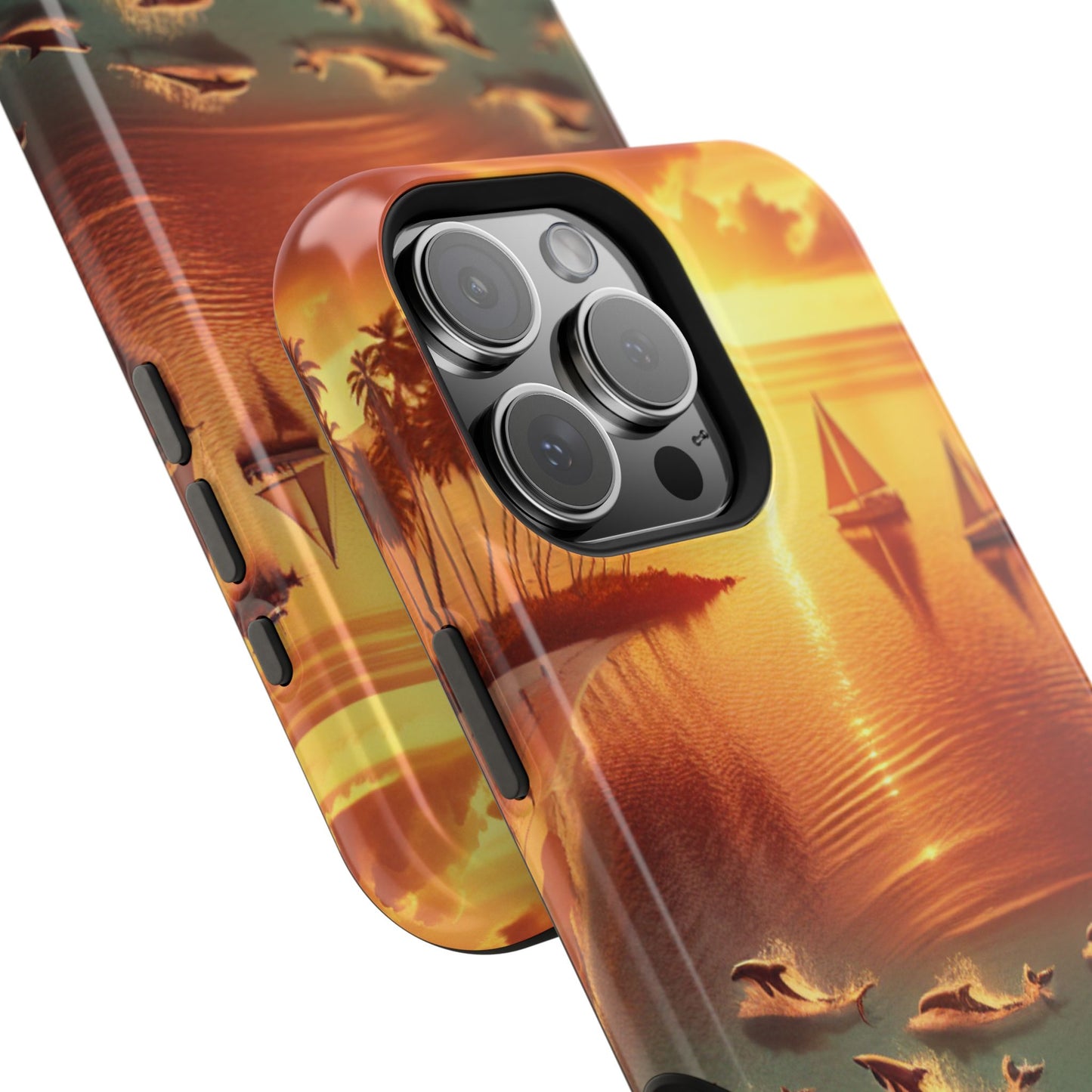 Magnetic Iphone 13-16 Pro and Max 1111 "Golden Sands: Tropical Dusk Serenade" - Tough Phone Case with Tropical Beach Sunset Dolphins ande Sailboats HD Art