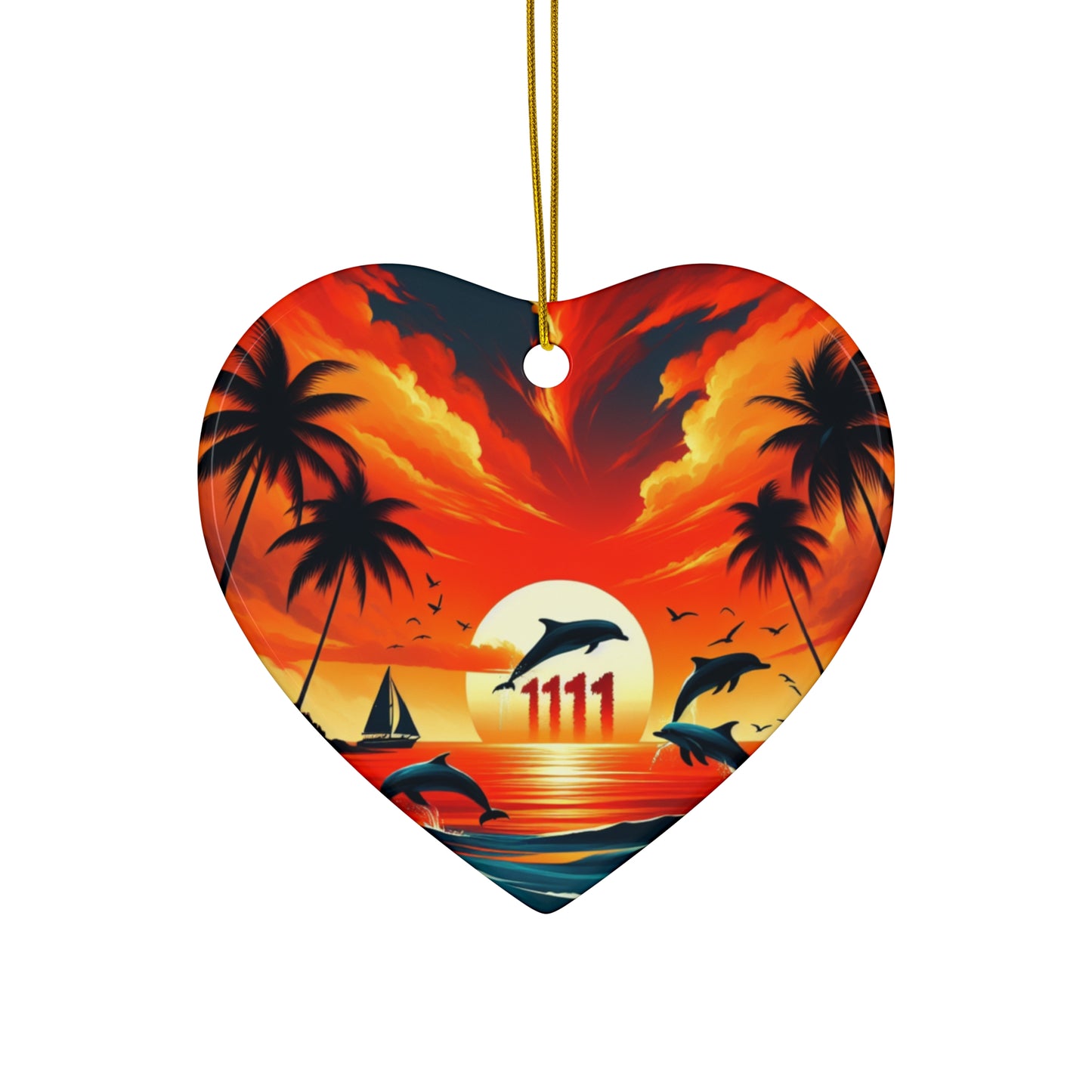 Ceramic Ornament Star, Heart, Snowflake or Circle 1111 "Serenity Sundown: The Tropical Harmony Edition" - Tropical Beach Sunset with Palm Trees, Dolphins, and Sailboats