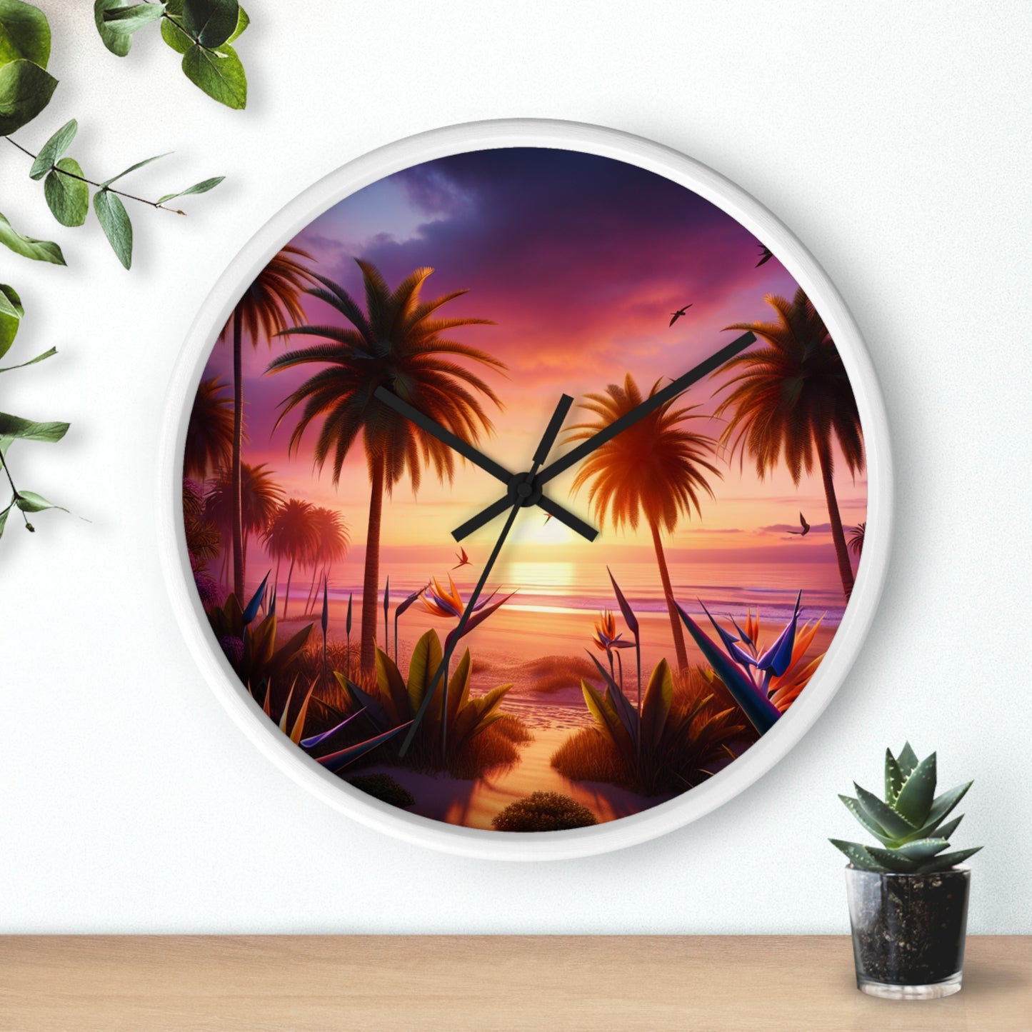 "Sunkissed Serenity: A Tropical Twilight Tapestry" - Tropical Beach at Sunset 10" Wall Art Clock