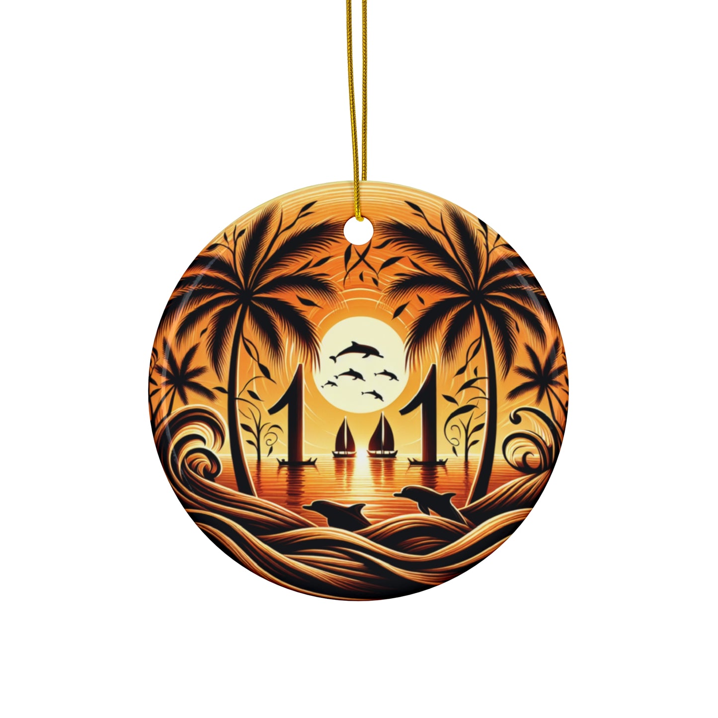 Ceramic Ornament Star, Heart, Snowflake or Circle 1111 "Paradise Serenity: Tropical Sunset Symphony" - Tropical Beach Sunset with Palm Trees, Dolphins, and Sailboats