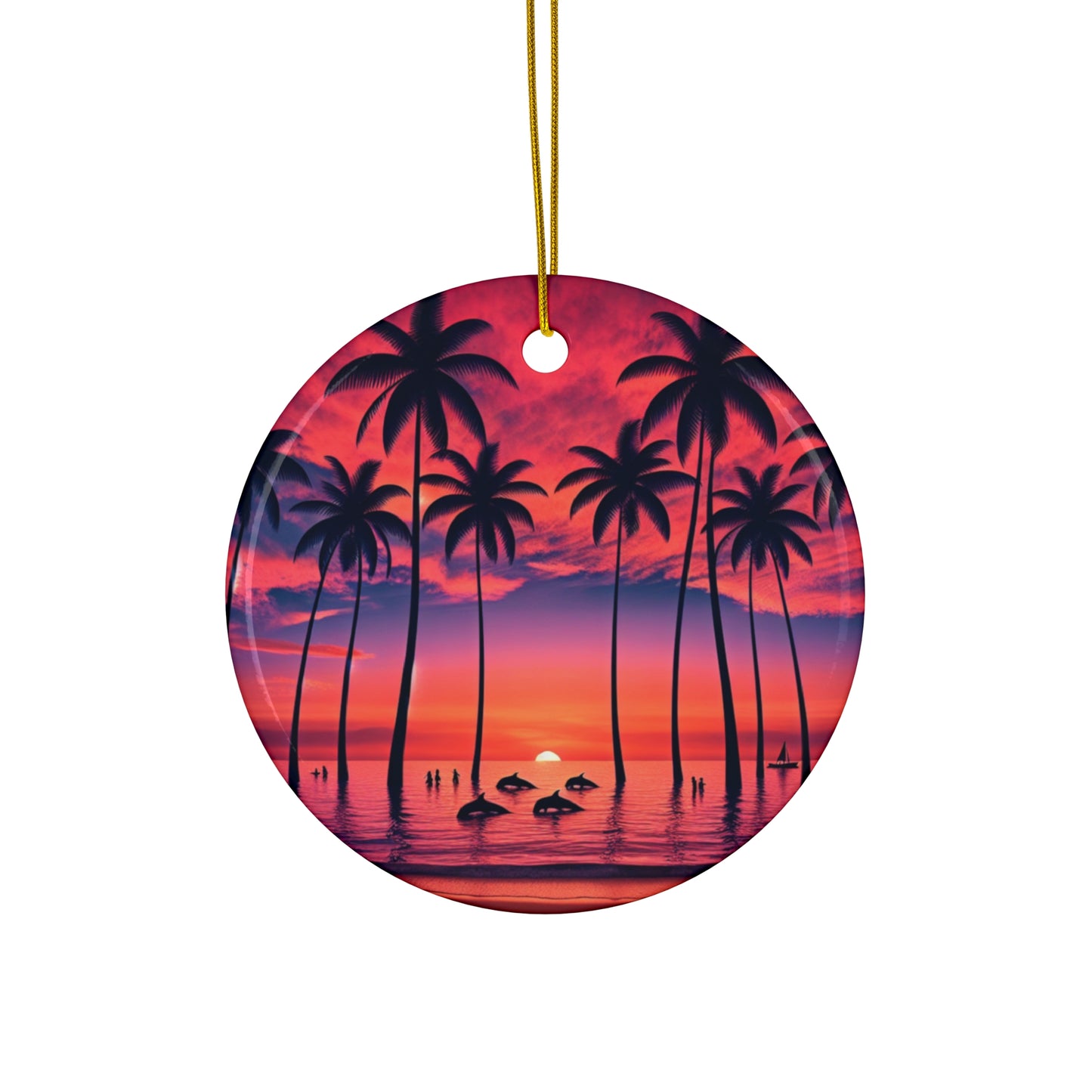 Ceramic Ornament Star, Heart, Snowflake or Circle 1111 "Paradise Beckons: A Tropical Sunset Symphony" - Tropical Beach Sunset with Palm Trees, Dolphins, and Sailboats