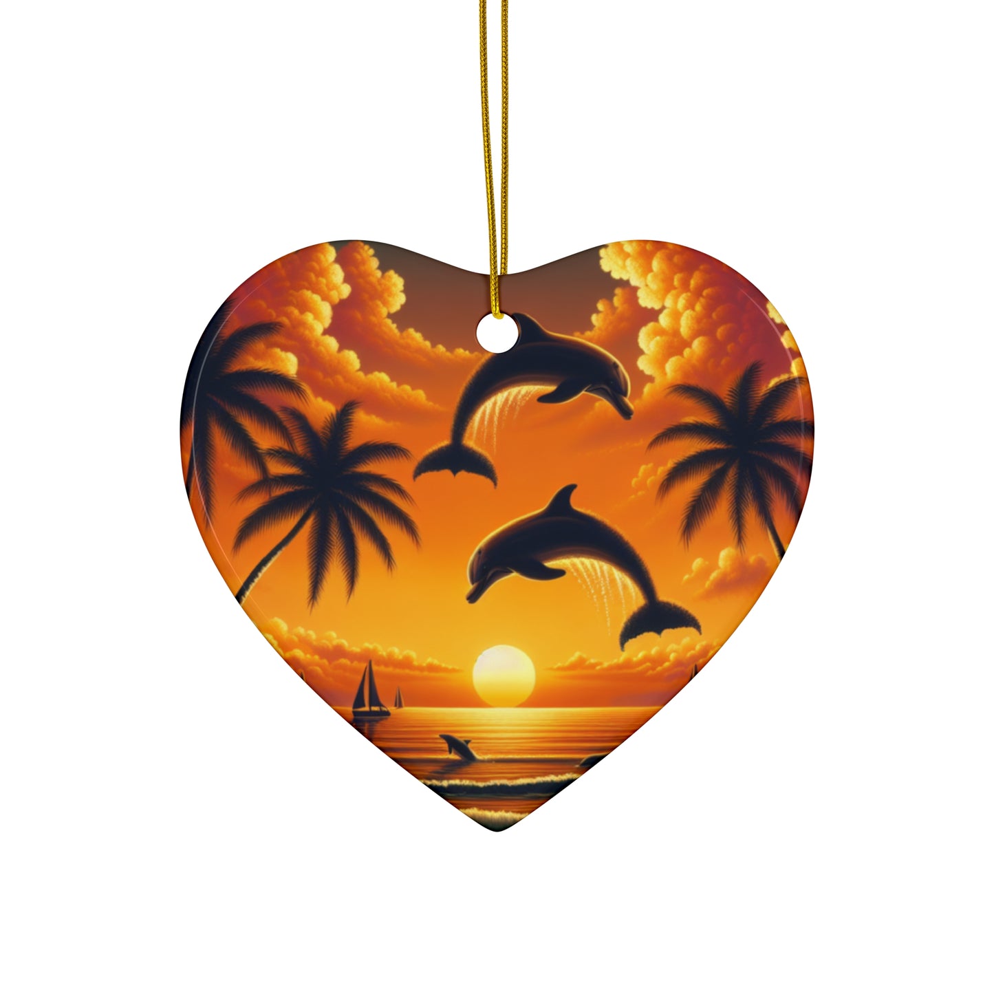 Ceramic Ornament Star, Heart, Snowflake or Circle 1111 "Paradise Found: Tropics at Twilight" - Tropical Beach Sunset with Palm Trees, Dolphins, and Sailboats