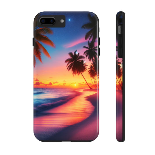 "Golden Paradise: A Sunset Serenade in the Tropics" - Tropical Beach Sunset Art Tough Phone Case for Iphone and Samsung Galaxy s20 s21 s22 s23 s24