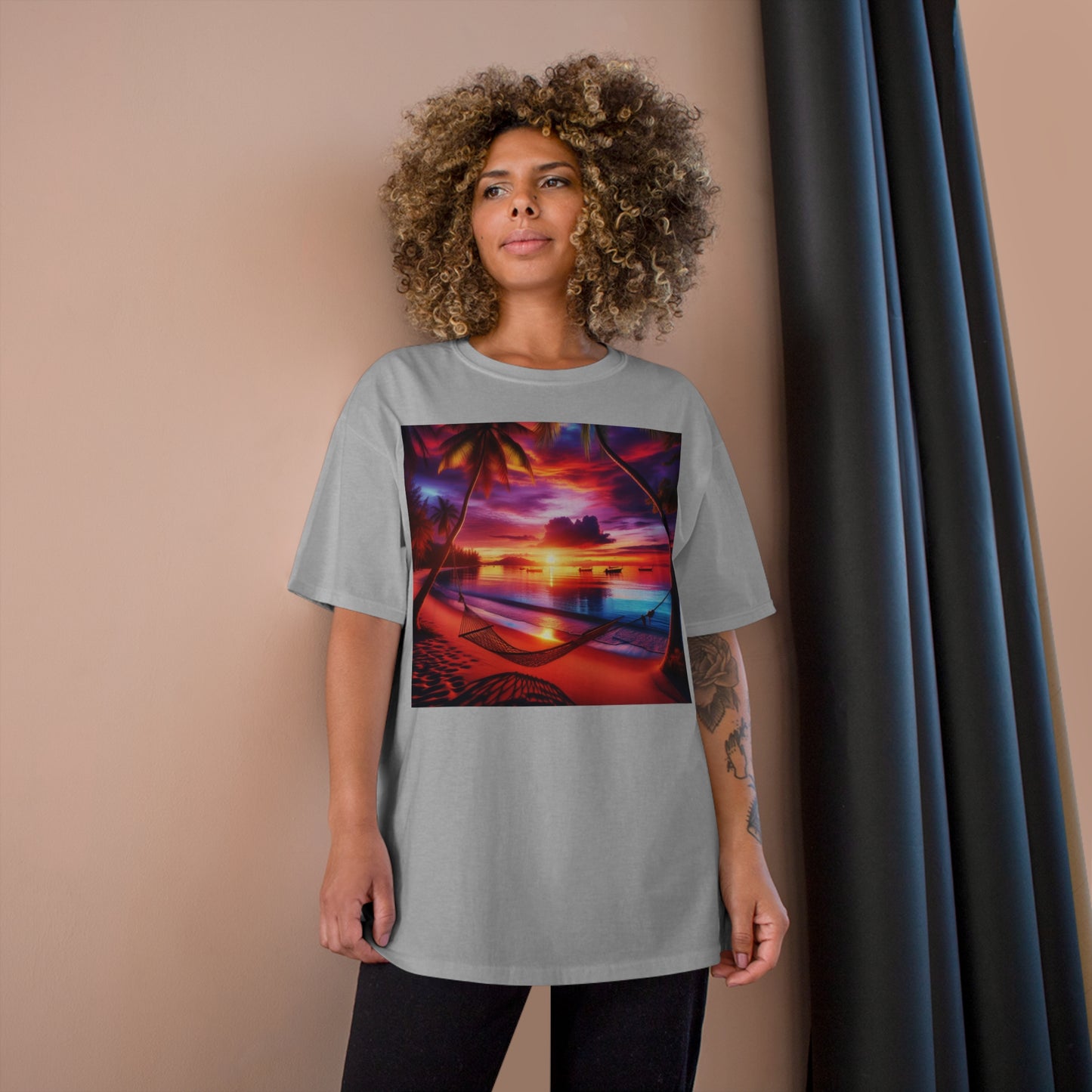 "Serenity Sands - The Aura of Tropical Twilight" - Champion Tee Tropical Beach Sunset with Palm Trees