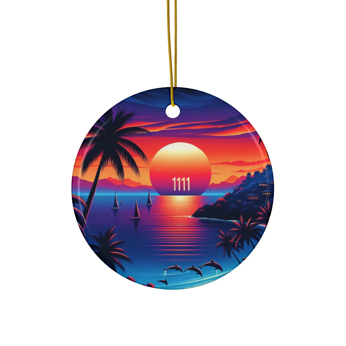 Ceramic Ornament Star, Heart, Snowflake or Circle 1111 "Palms Adrift In a Tropical Twilight" - Tropical Beach Sunset with Palm Trees, Dolphins, and Sailboats