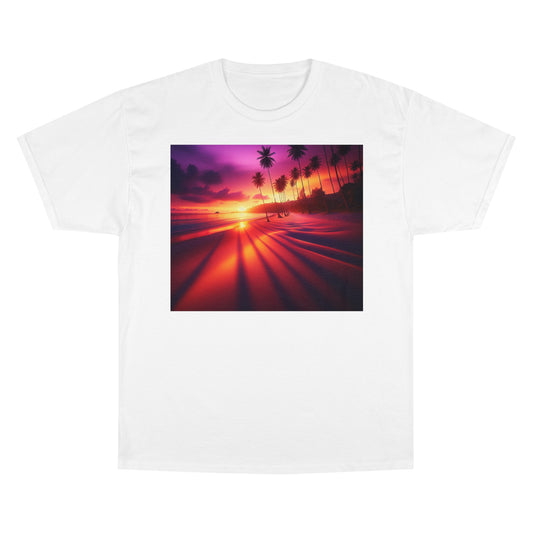 "Palms Embrace the Sun: A Tropical Twilight Symphony" - Champion Tee Tropical Beach Sunset with Palm Trees